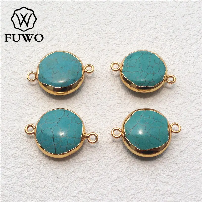 Круглые бирюзовые подвески FUWO с позолотой 24 карата необработанные двойные