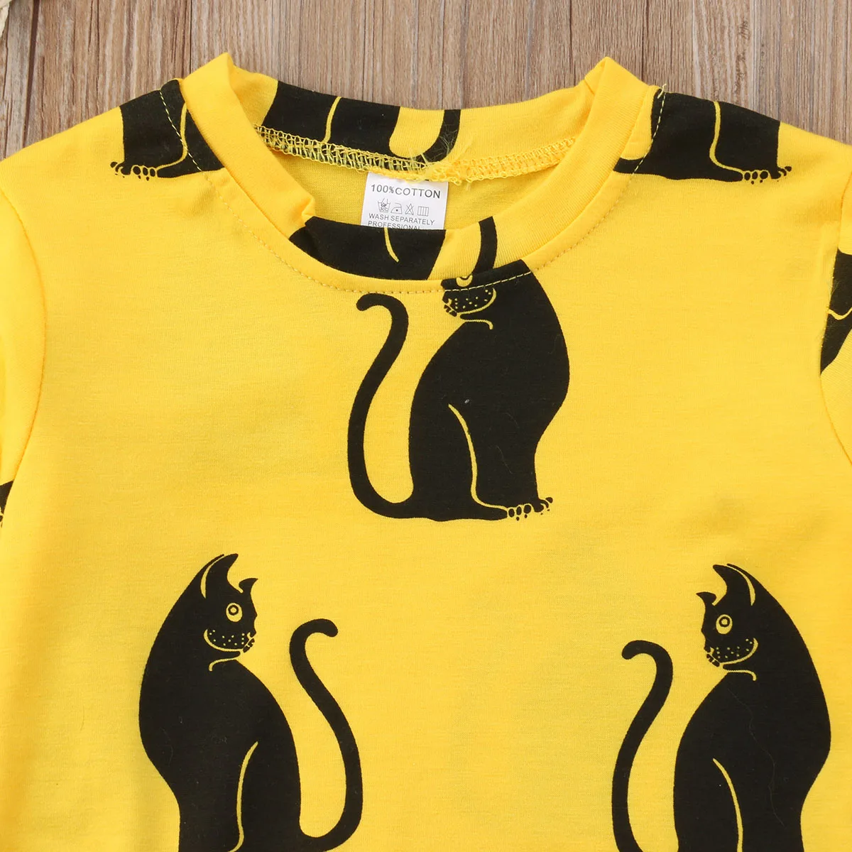 Kids Baby Girl Animal Cat Full Printed Party Pageant Princess Tutu Long Sleeve Cotton Yellow Dress Clothes | Детская одежда и