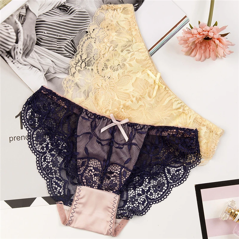 Sexy Underwear Women Lace Panties Elegant Black Bow Pink For Charm Ladies Cotton Crotch Sous Vetement Femme |