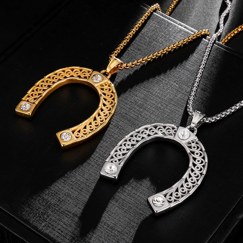 Хип хоп Bling Iced Out в форме подковы ожерелья и подвески из нержавеющей стали