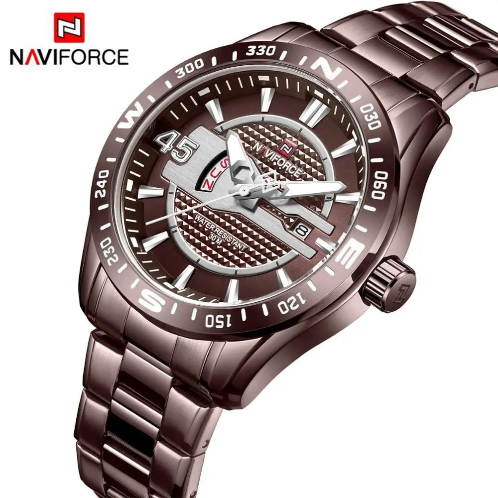 Мужские кварцевые часы NAVIFORCE наручные в стиле милитари с ремешком из нержавеющей