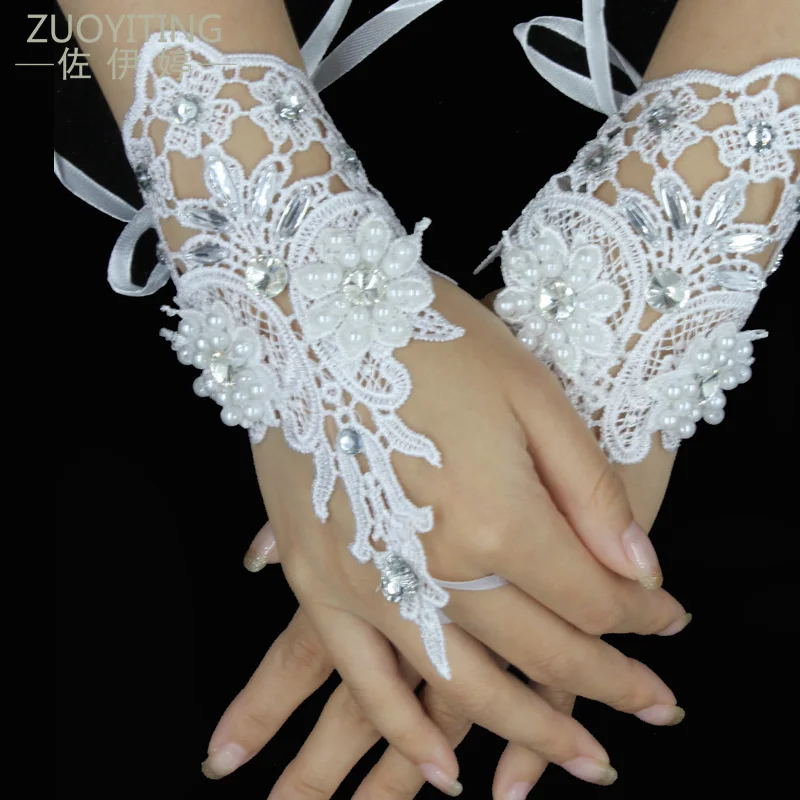 

ZUOYITING Hot Sale Fingerless Wrist Length Lace Appliques White Bridal Wedding Gloves with diamond Wedding Dress Accessories