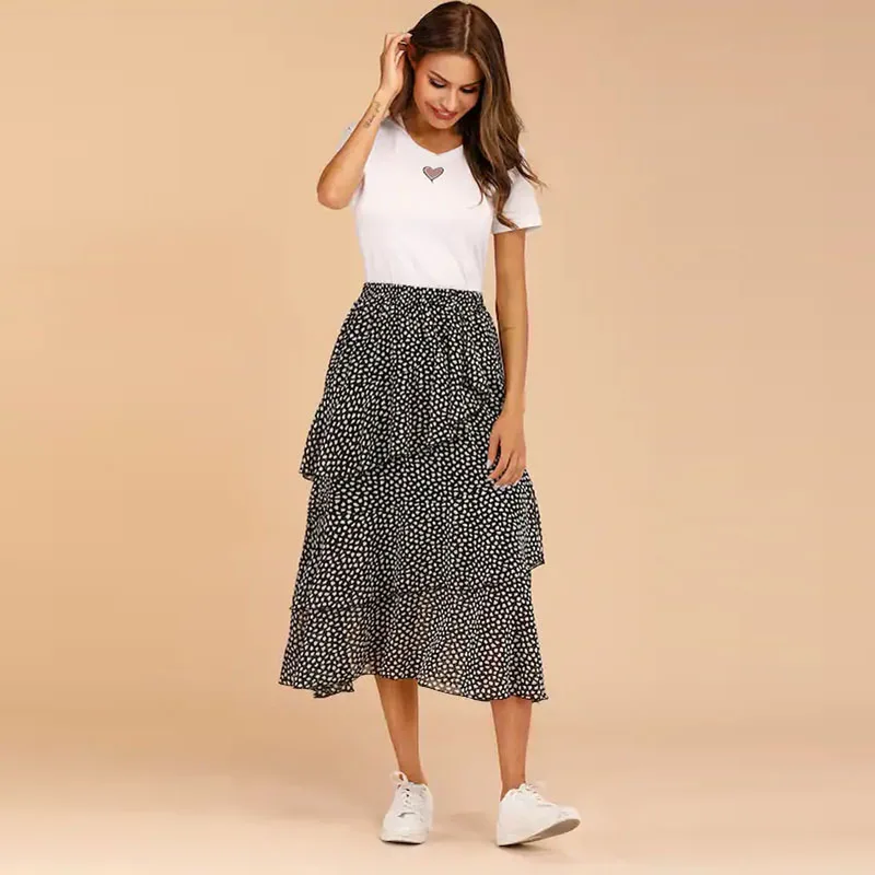 Dotfashion черно-белая многослойная юбка с принтом для женщин Лето Бохо весна Дамская мода трапециевидная Юбка со средней талией