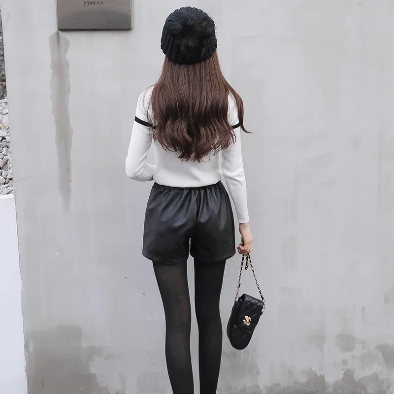 

17zq Elastic Waist PU Leather Shorts Autumn Winter Slim Fit Korean Version Female Drawstring Shorts Wide Leg Shorts P518