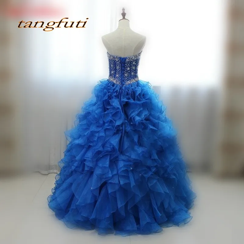 Королевский синий Quinceanera платья Сладкие 16 Принцесса органза Кристалл бисера
