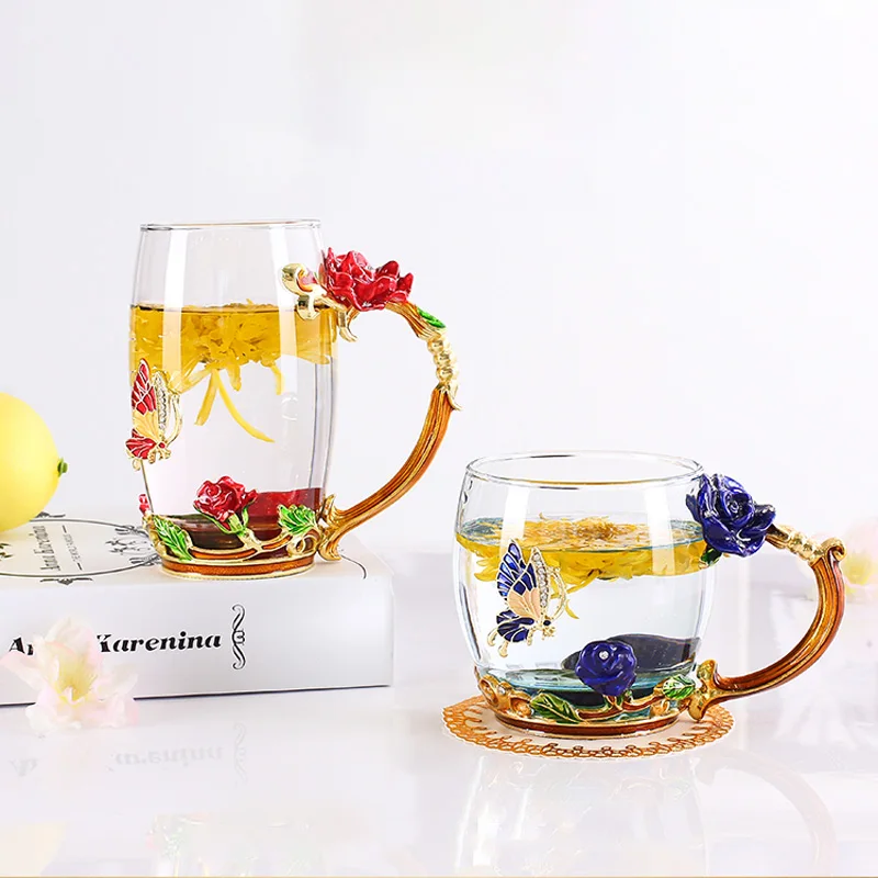 Beauty And Novelty Enamel Coffee Cup Mug Flower Tea Glass Cups for Hot and Cold Drinks Tea Cup Spoon Set Perfect Wedding Gift