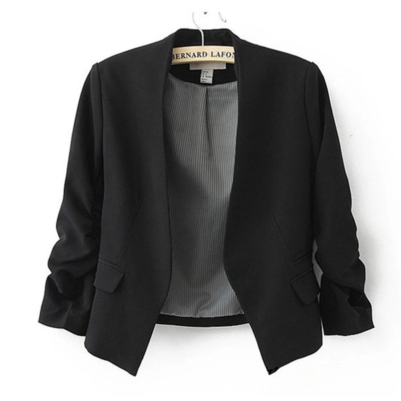 Черный New arrival Jacket Blazer Lined With Striped no Button Women Pleated sleeves Coat Suit fashion Blazers Jacket Candy-colored - Цвет: Черный