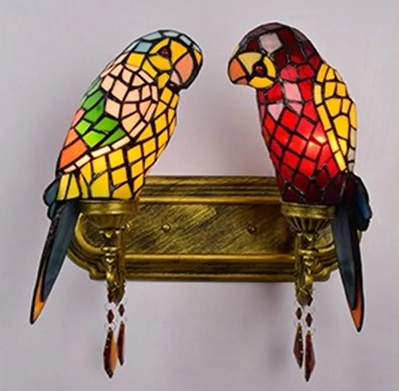 Stained Glass Double Parrots Wall Lamp Lighting Fixture modern Style Creative Bar Club Lobby Bedroom E27 base Led Light|led wall light|wall lightwall