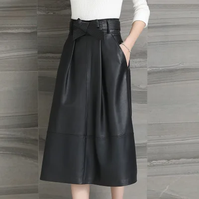 MESHARE Women Genuine Sheep Leather Skirt  Long Real Leather Sheath Hip Skirt H2