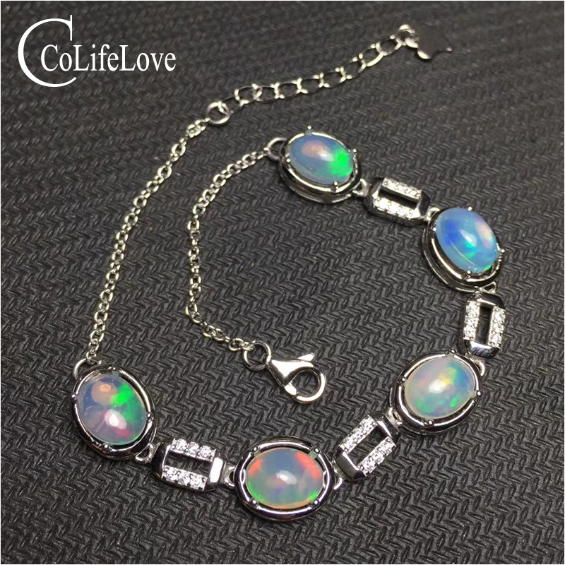 Отличный Блестящий серебряный браслет с опалом для женщин 6 мм * 8 натуральный