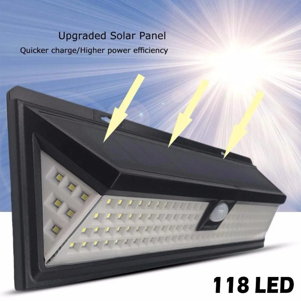 118 LED 1000LM водонепроницаемый PIR датчик движения Солнечный садовый свет наружная