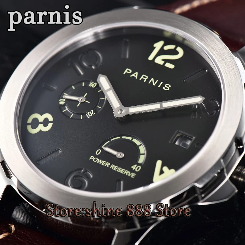 Мужские механические часы Parnis 44 мм запасная мощность стальной серебристый чехол