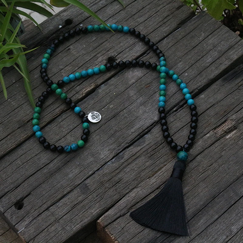 Бусины Mala 8 мм черный оникс Chrysocolla JapaMala духовные украшения молитва медитация Ом 108
