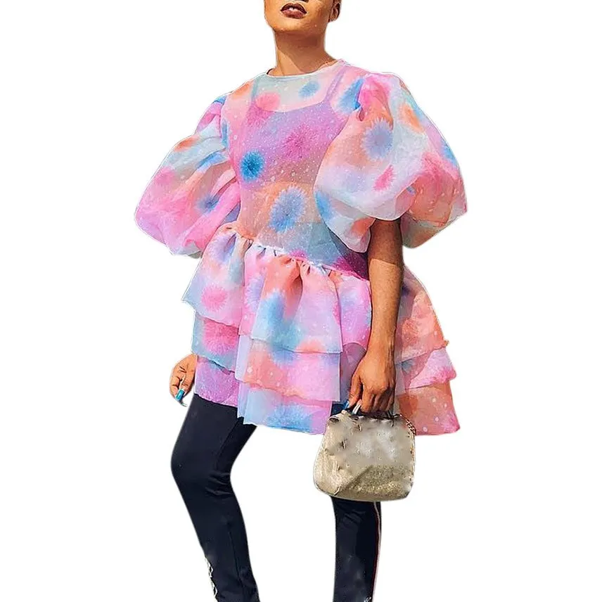 Женское платье с рукавами-фонариками Пляжное Платье радужным принтом короткие