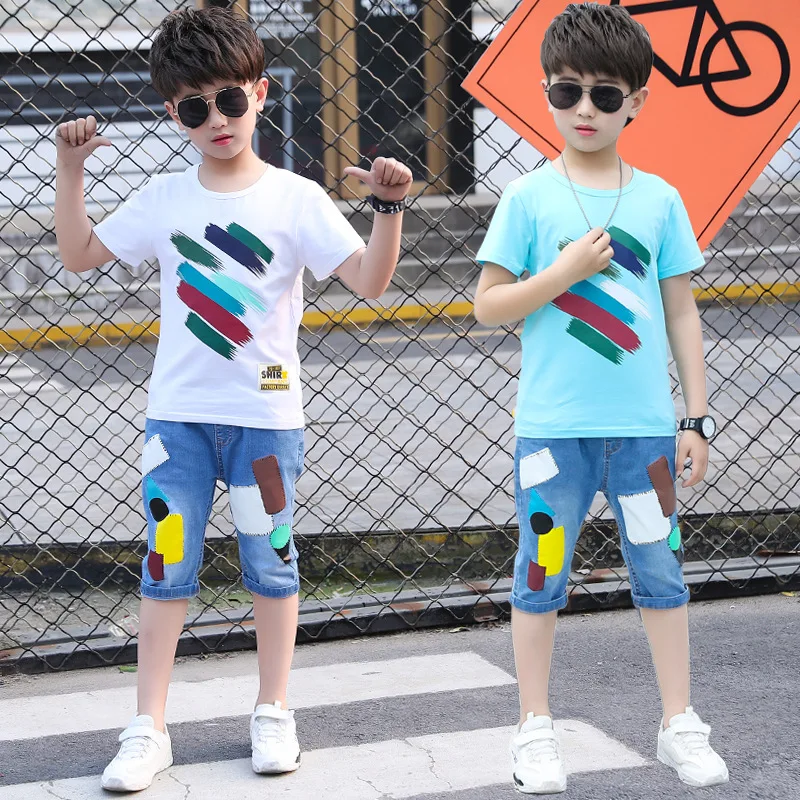 Boys Summer Clothes Set 2019 Color Print T-shirts and Geommetric Jeans Shorts 2pcs for Kids Outfits 4 6 8 12Yrs |