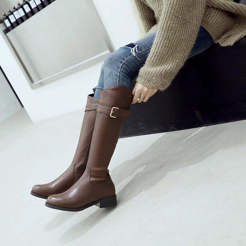 

ISNOM Genuine Leather Women Boots Zip Round Toe Footwear Knee High Female Boots Thick Heels Riding Shoes Woman Winter 2018 Black