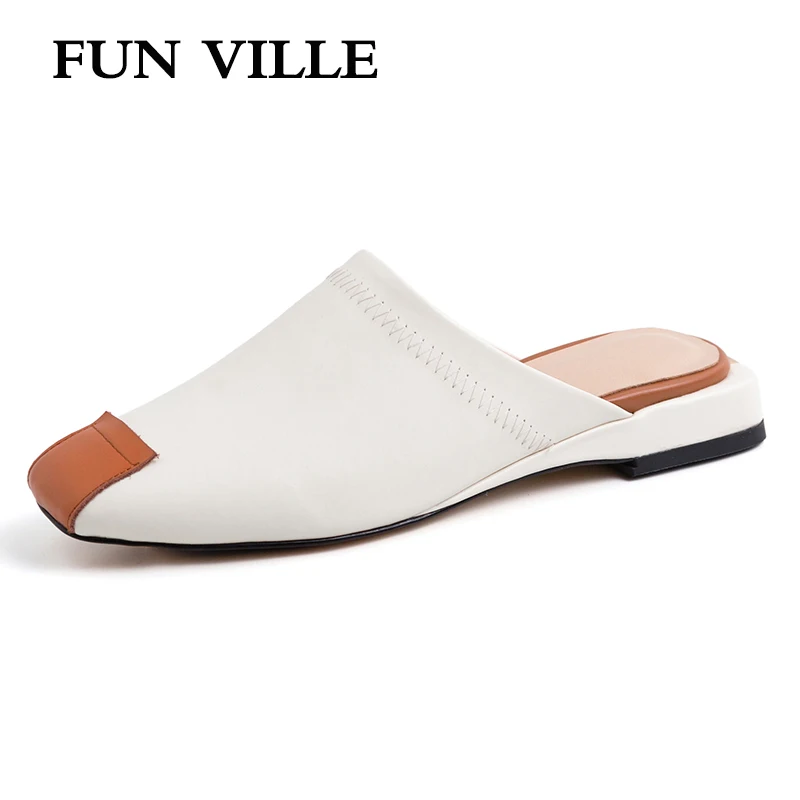 

FUN VILLE New Simple style White Summer Outside Slippers Genuine Leather Women Home Slippers Sweet Female Flat shoes Square Toe