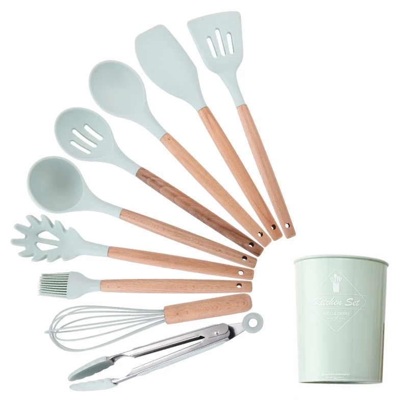 9 pcs set B Silicone Non-stick Cooking Tools Kitchen Utensil Kitchenware With Natural Wooden Handle Nonstick Cookware Accessories Supplies - Цвет: 9 pcs set B