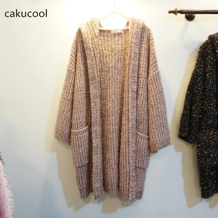 Женские блестящие кардиганы Cakucool длинные корейские свободные с золотистым