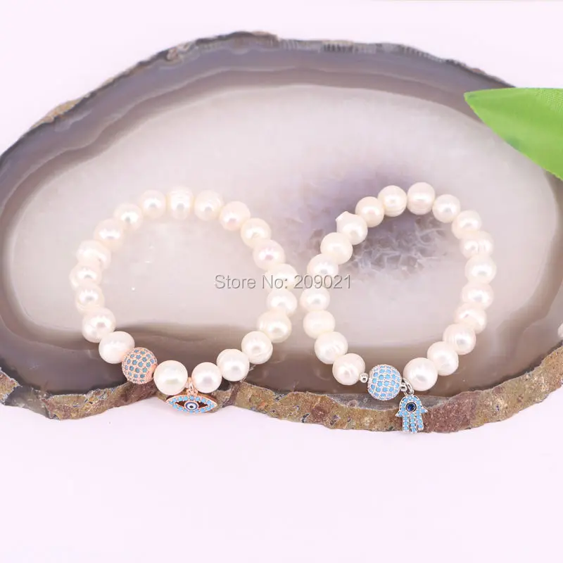 

8Pcs Mixed Style Micro Pave CZ charm Pearl bracelet for women