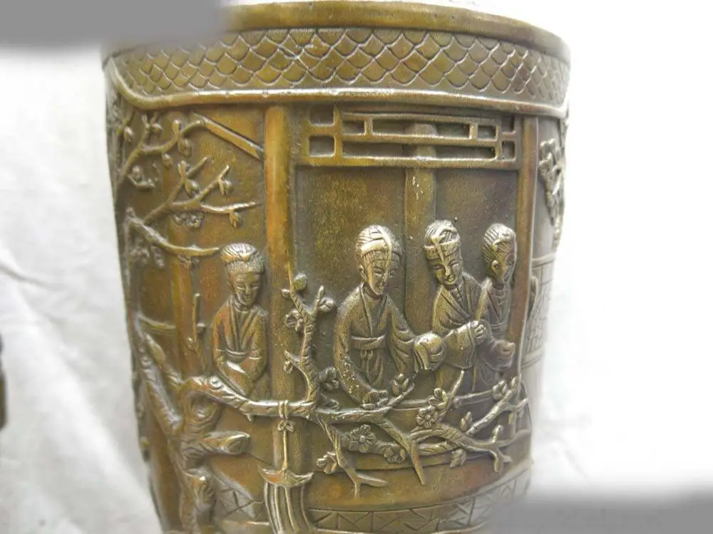 19 &quotКитайская латунная медная резная фигура террасы и открытые холлы вазы пара