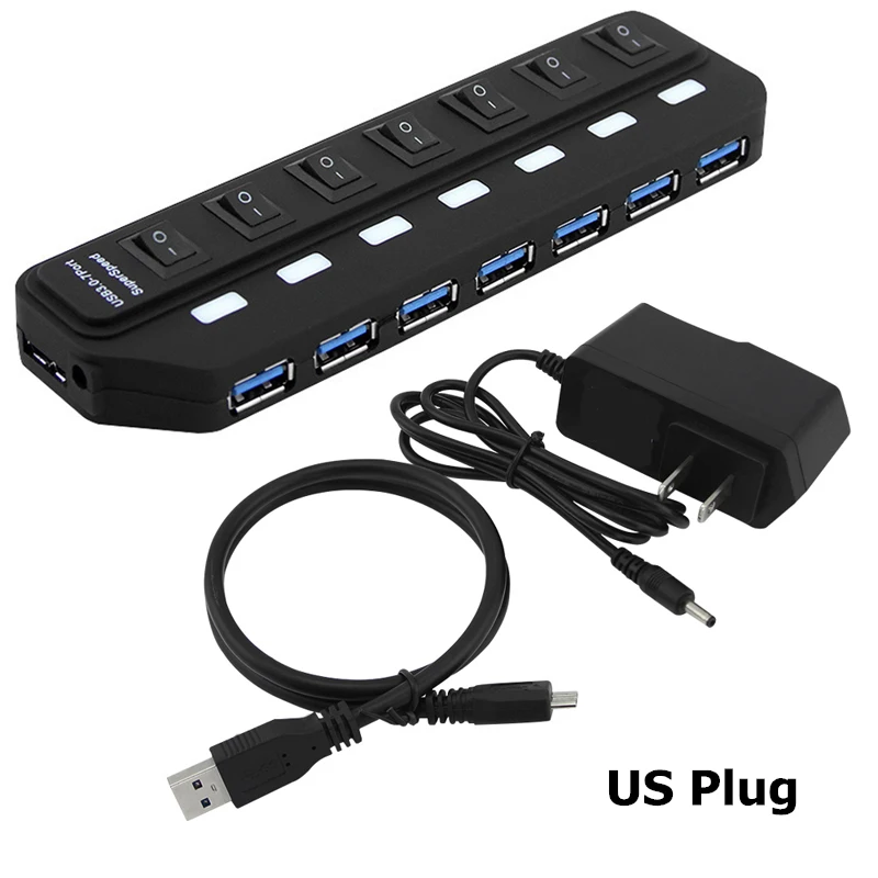 Высокая Скорость usb-хаб 3,0 4/7 Порты и разъёмы USB 3,0 концентратор 5 Гбит/с разветвитель на переключатель включения/выключения на соответствие стандарту ЕС/США/AU/UK Мощность адаптер для MacBook ноутбука ПК
