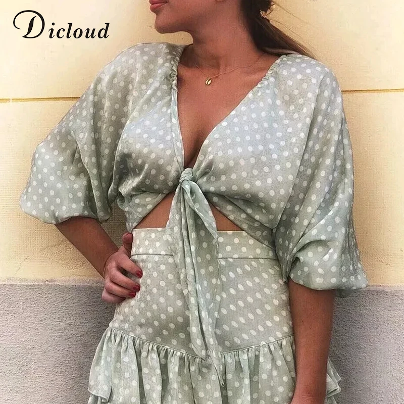 DICLOUD Sexy Горошек Галстук бабочка кроп топ Женщины Лето Осень 2019 V шеи Блузки с