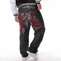 mens black baggy hip hop jeans loose straight embroidery hiphop rap jeans brand designer skateboard pants wide leg denim pants