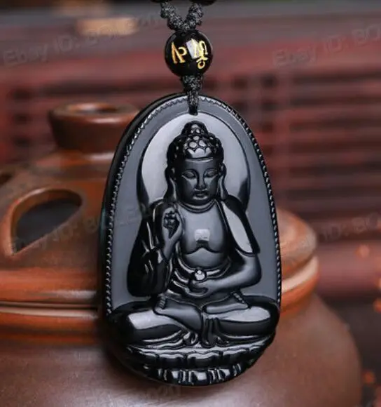 free shipping Chinese Natural Black Obsidian Carved Buddha Lucky Amulet Pendants + Necklace | Украшения и аксессуары
