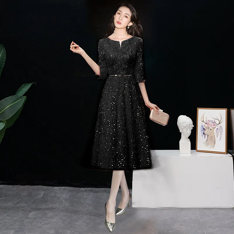 Черные розовые красные коктейльные платья с рукавом до локтя блестками