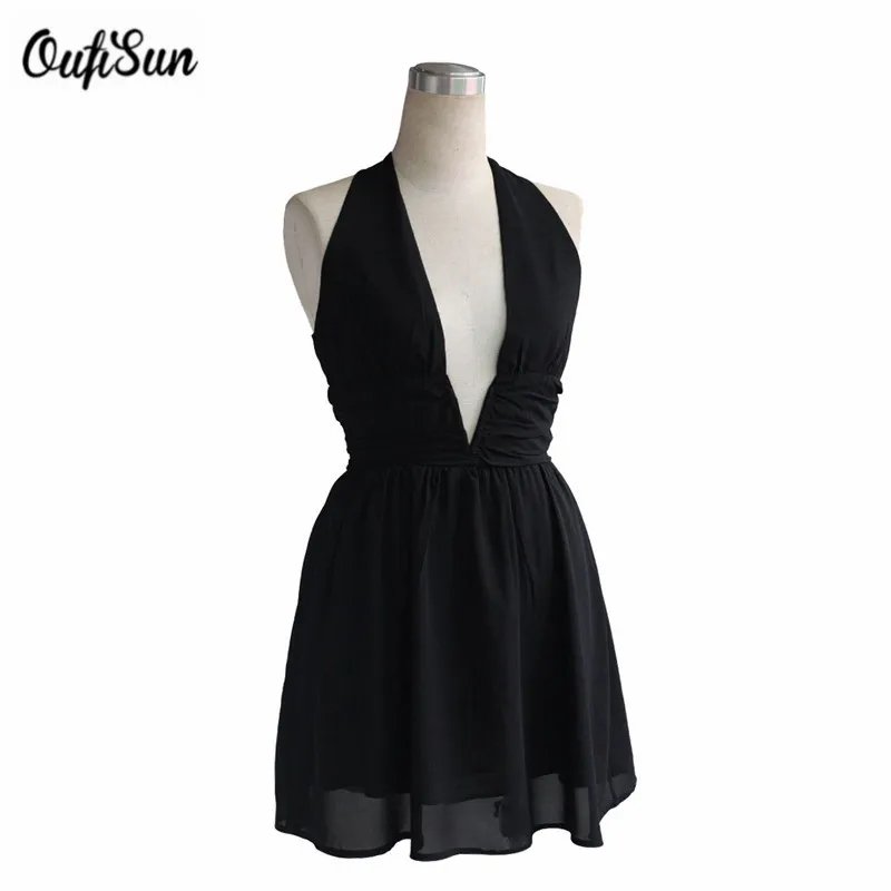 Oufisun лето sexy глубокий v шеи dress шифон спинки женщины bodycon рукавов элегантный офис