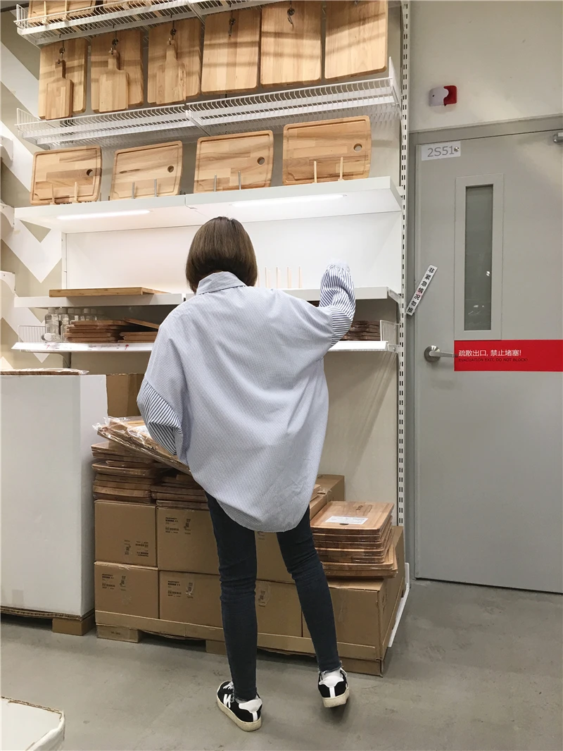 Весна Корейский негабаритных синий летучая мышь рубашки с длинным рукавом для