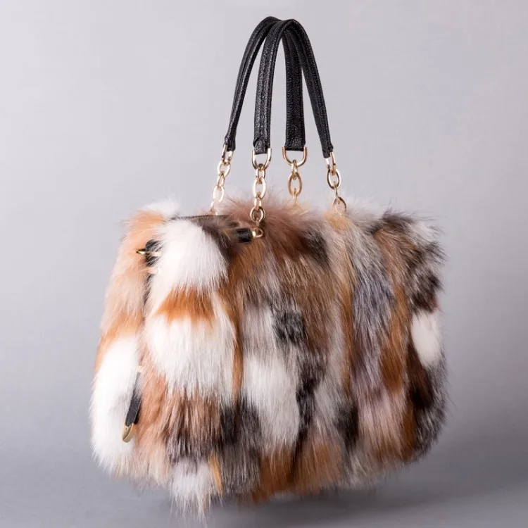 New Brand Girls Women Fashion Handbags Real Fur women Tote Bags Large Capacity Fox fur Chian Shoulder BagsTravel Bags 302