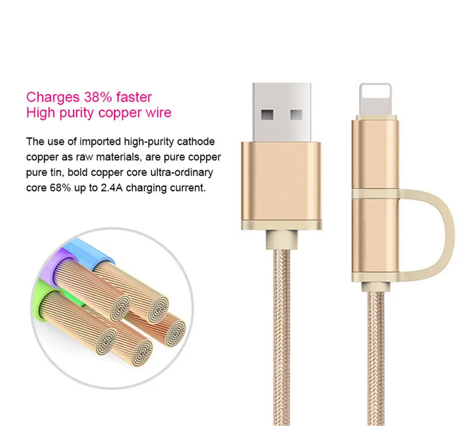 NOHON Micro USB to Lighting 2 in 1 Nylon Charge Cable For iPhone 7 8 Plus X For iPad Mini Fast Charger Cables For Samsung Xiaomi