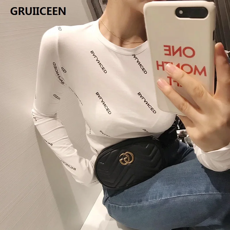 GRUIICEEN, осень, новинка, топ с круглым вырезом, футболки, высокий ealstic, длинный рукав, с буквенным принтом, футболка для женщин, модная одежда, тонкая футболка