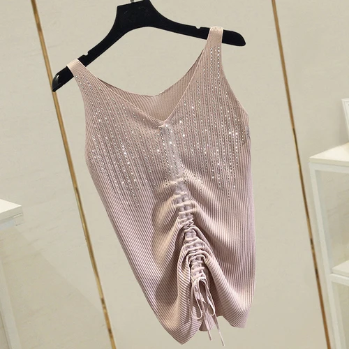 pink Drawstring Летняя новинка, модная майка, майки, футболки для женщин, сверхпрочные глажки и сверления, вязаные топы, внутренняя одежда и верхняя одежда, Женский Топ - Цвет: pink Drawstring