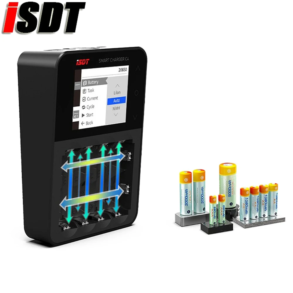 ISDT C4 8A сенсорный экран Смарт зарядное устройство с USB выходом для 18650/26650/AA/AAA батареи для режима RC