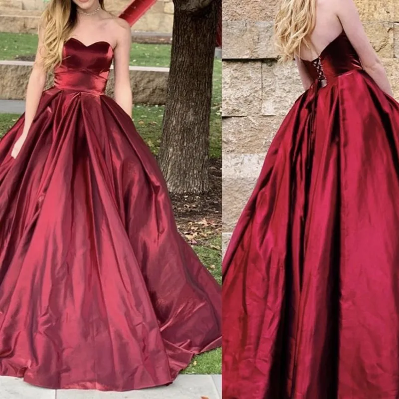 

Dark Red Sweetheart Sleeveless Lace Up Back Satin Prom Dresses Long Party Gowns For Prom
