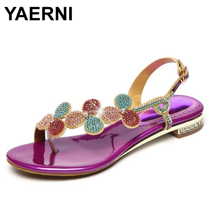 

YAERNISummer Shoes New Ladies Casual Leaf Shoes Sexy Crystal Rhinestone Design Women Sandal Hot Ladies Genuine Leather ShoesE862