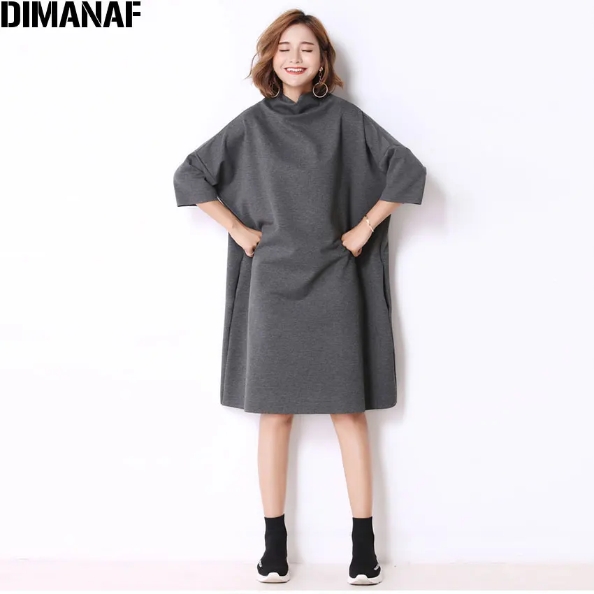 6105Grey Женское платье с узким горлом DIMANAF, повседневное платье серого цвета с рукавом «летучая мышь», однотонное платье свободного покроя и большого размера 5XL, для осени - Цвет: 6105Grey