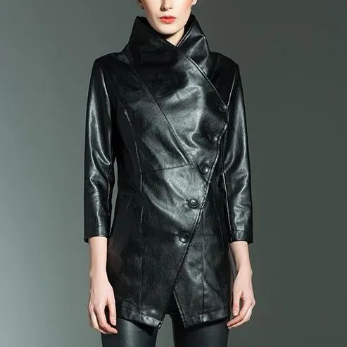 

Autumn Women Casual PU Leather Jacket Classic Zipper Motorcycle Long PU Coat Black Soft Leather Basic Jacket