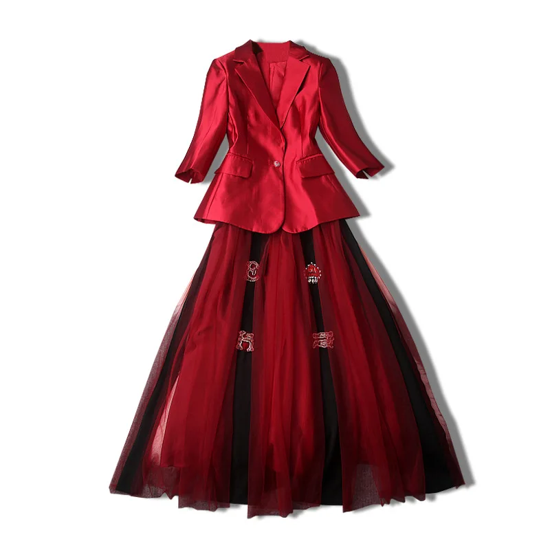 Wine Red Женские костюмы с юбкой, осень,, женские новые элегантные блейзеры на одной пуговице+ романтическая юбка миди в сеточку с бриллиантами, комплекты из 2 предметов - Цвет: Wine Red