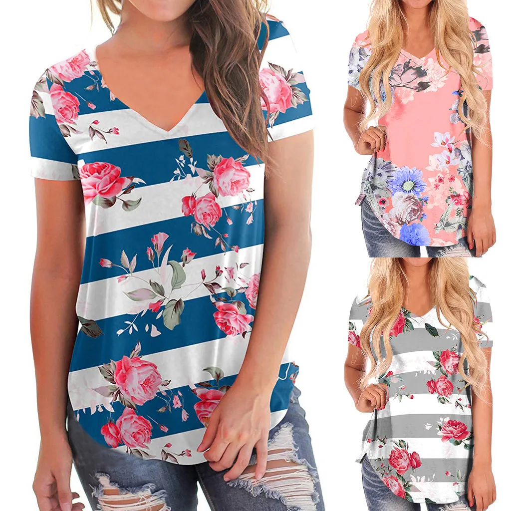 SAGACE Новая женская футболка 2019 короткий рукав v-образный вырез цветочный принт