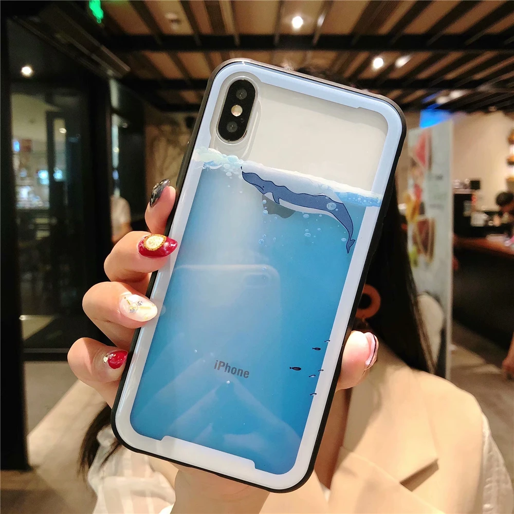 Cases For Iphone 7 Sea Whale Dolphin Phone iphone 6s 8 Plus X fashion Soft Edges Transparent Tempered Glass Cover Capa |
