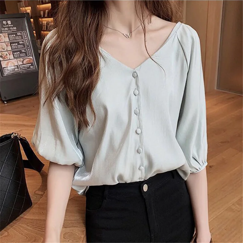 2019 Summer Women White Shirt Feminine Blouse Top Short Sleeve Casual V Collar OL Style Female Button Loose Plus Size Blouses |