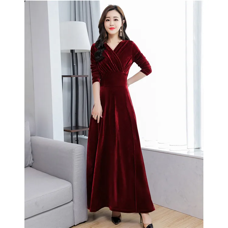 wine red V-neck 3XL женские офисные платья с длинным рукавом, винтажное зеленое черное бархатное платье, осенне-зимнее платье размера плюс, женское платье - Цвет: wine red V-neck