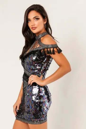 

Elegant high quality serxy women 2019 grey sequined round neck off shoulder short sleeve bodycon bandage dress dropshipping