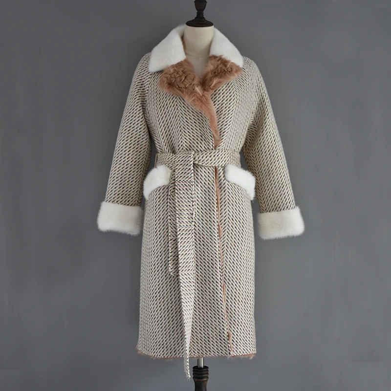 Women's Long Fashion Wool Trench Coats and Jackets with Real Fur Lining Mink Collar Keep Warm in Autumn Winter | Женская одежда