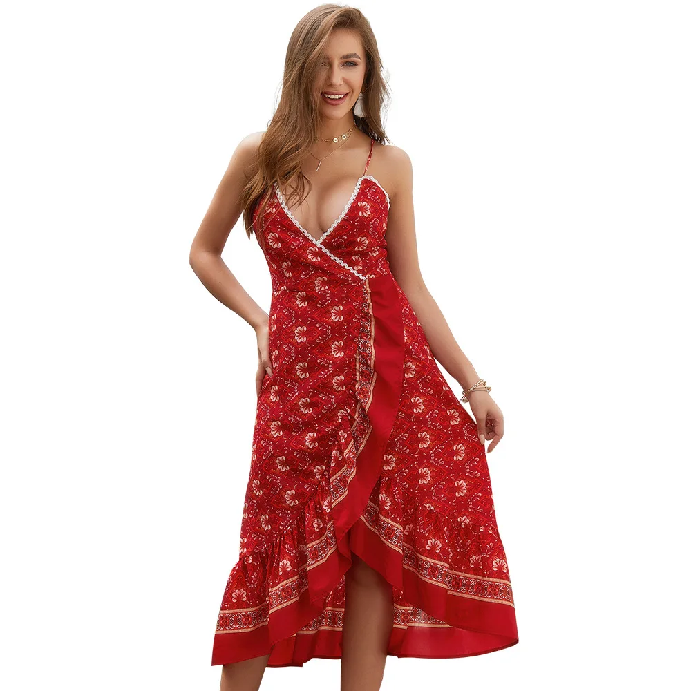 2019 summer sexy dress women Red sling print Off-shoulder Party Beach Sundress Spaghetti Long Dresses vestidos | Женская одежда