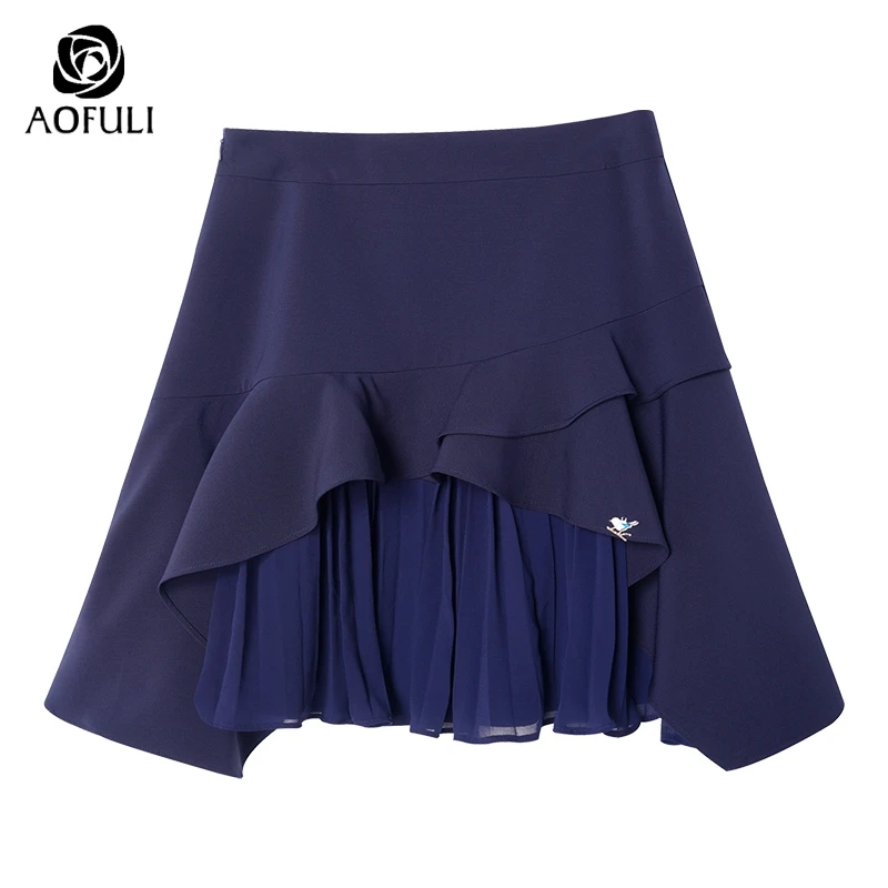 AOFULI L ~ 4XL 5XL синяя каскадная гофрированная юбка летняя однотонная Асимметричная